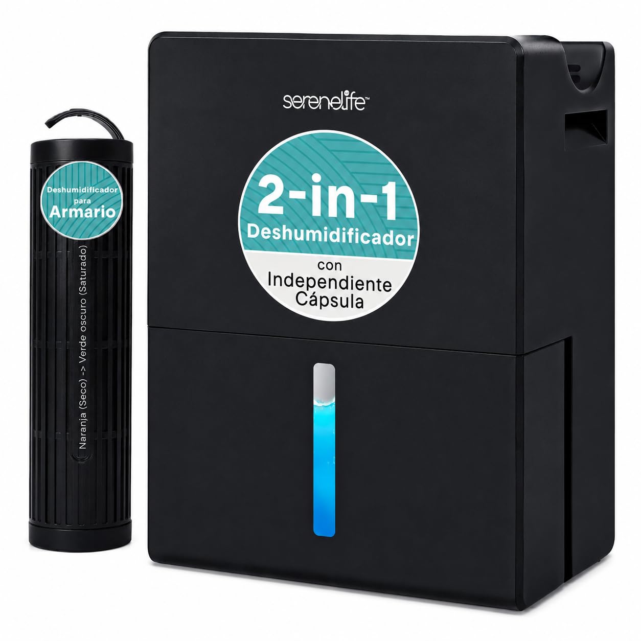 SereneLife deshumidificador pequeño y silencioso para hogar, Dormitorio y baño, 2 en 1 con cilindro extraíble, Base de secado, Control inteligente, Temporizador, Modo sueño, Hasta 111 m²
