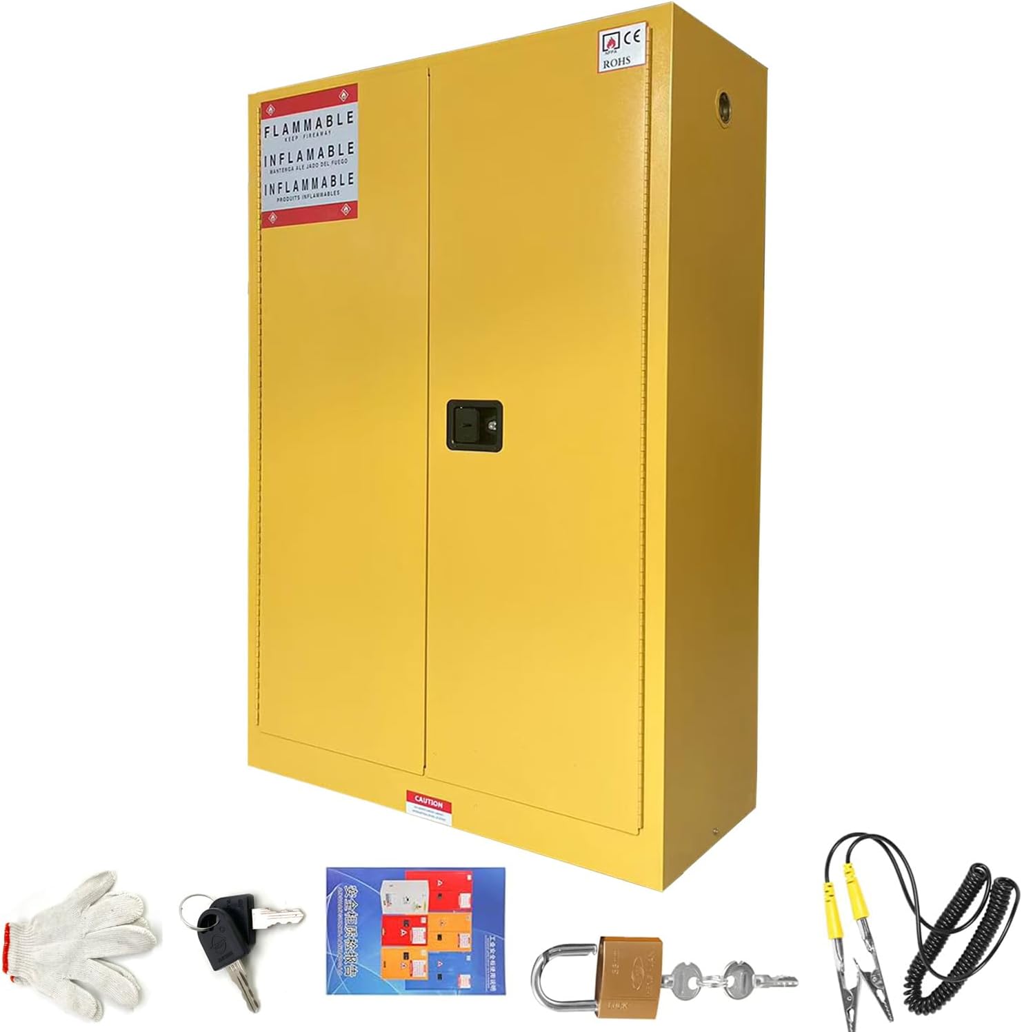 43" x 18" x 65" Steel Flammable Liquid Cabinet, Industry Safety Storage, 45 Gal Flammable Safety Cabinets with 2 Adjustable Shelves 2 Manual Doors for Industrial Use, Yellow, Cold Rolled Steel