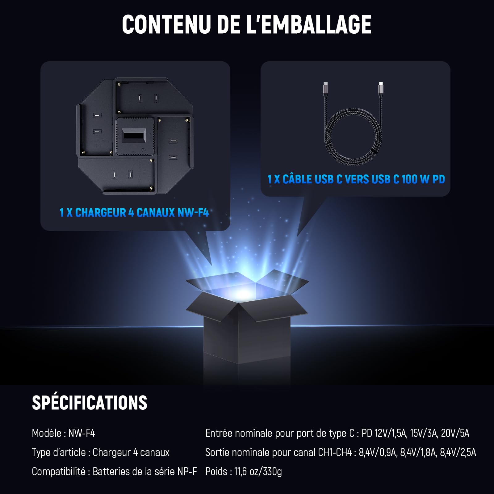 NEEWER NP-F970 Chargeur à 4 Canaux pour NP-F550 NP-F750 Caméscope Caméra Batterie, Chargeur de Batterie NPF à Charge Rapide PD 100W avec Écran OLED &100W Câble de Charge Rapide USB C à USB C, NW-F4
