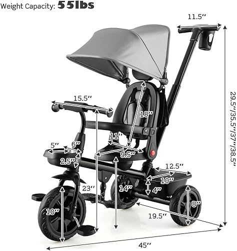 Miniatura 7 de Triciclo 4 en 1 para niños pequeños con barandilla desmontable para niños de 1 a 5 años, triciclo reversible para niños, bicicleta para niños