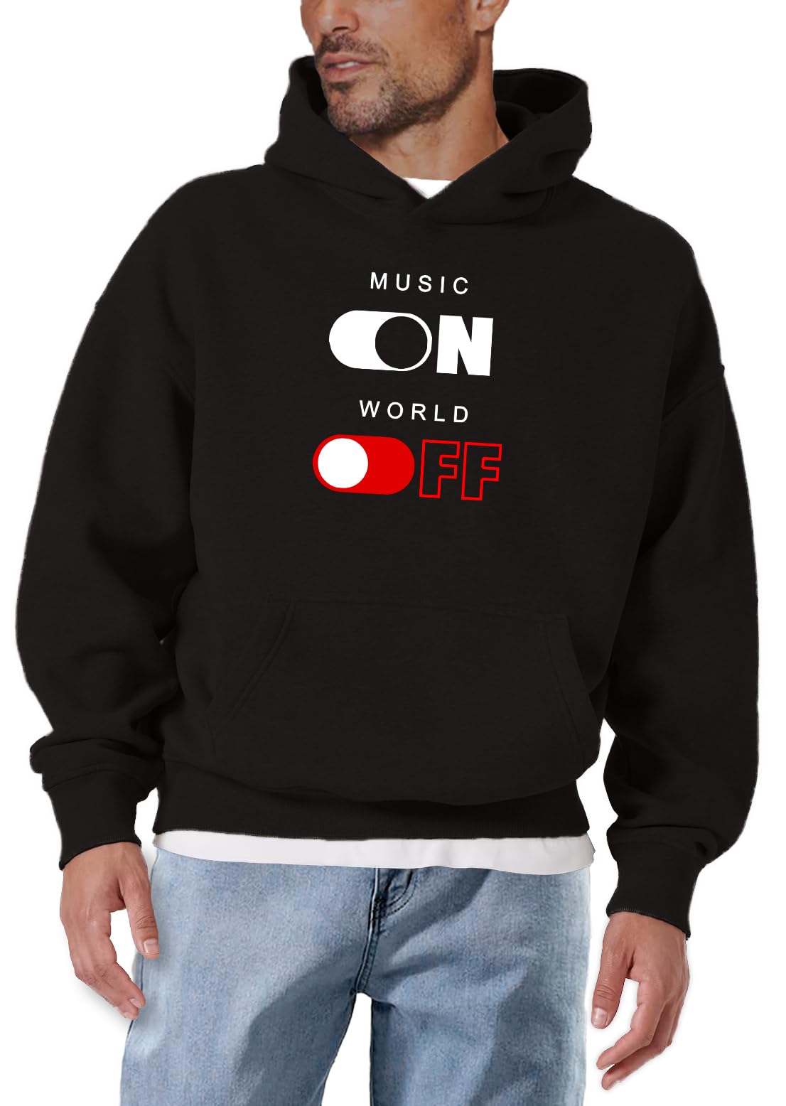 MAKAYA Felpa con Cappuccio Uomo con Scritta Music On World off Hoodie DJ Hip Hop Techno House Streetwear