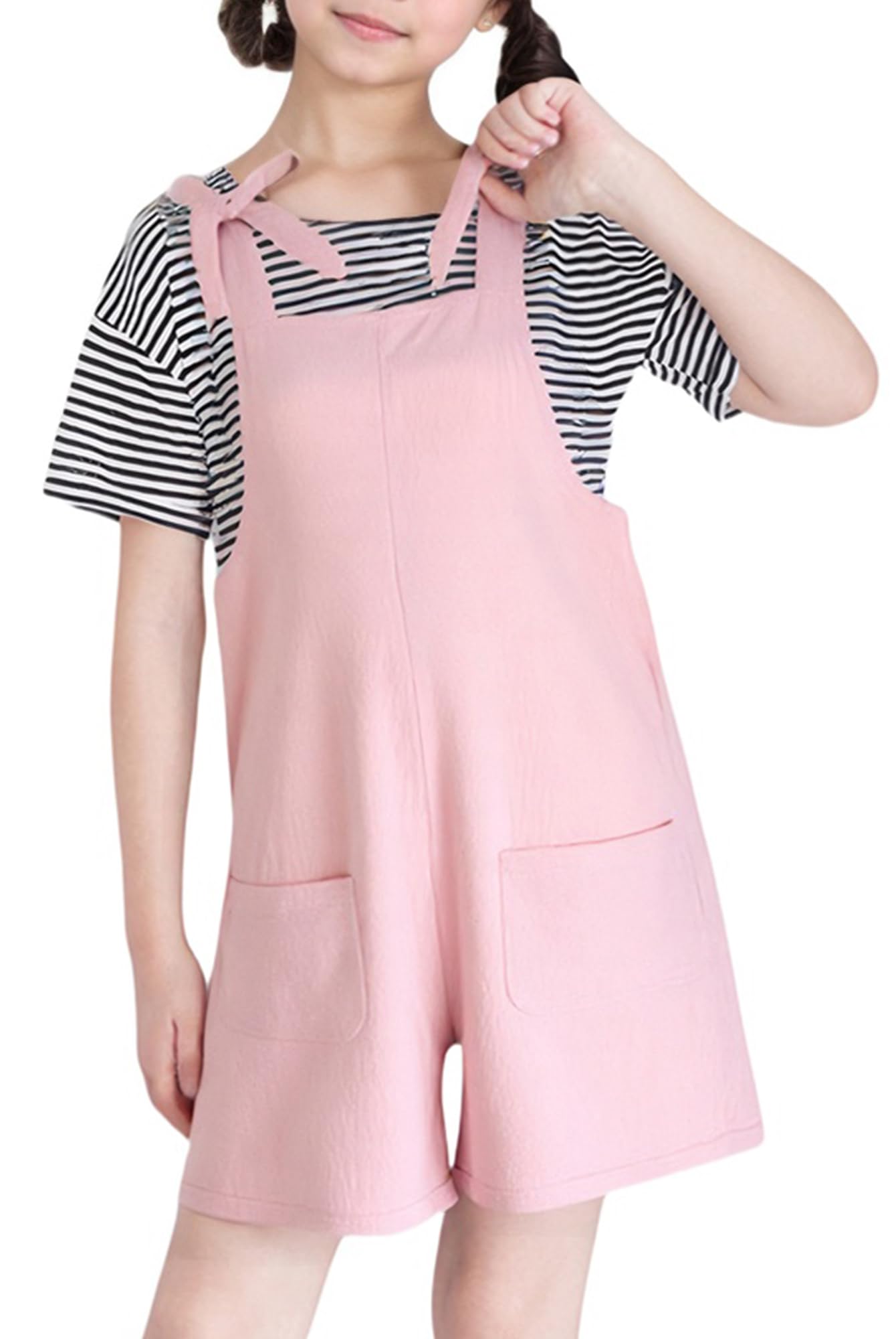 Happy Cherry Salopette Ragazze Tuta Pantaloncini Bretelle Regolabili Comodo Cotone Tuta Estiva Senza Maniche con Tasche Tinta Unita per Bambine 5-14 Anni