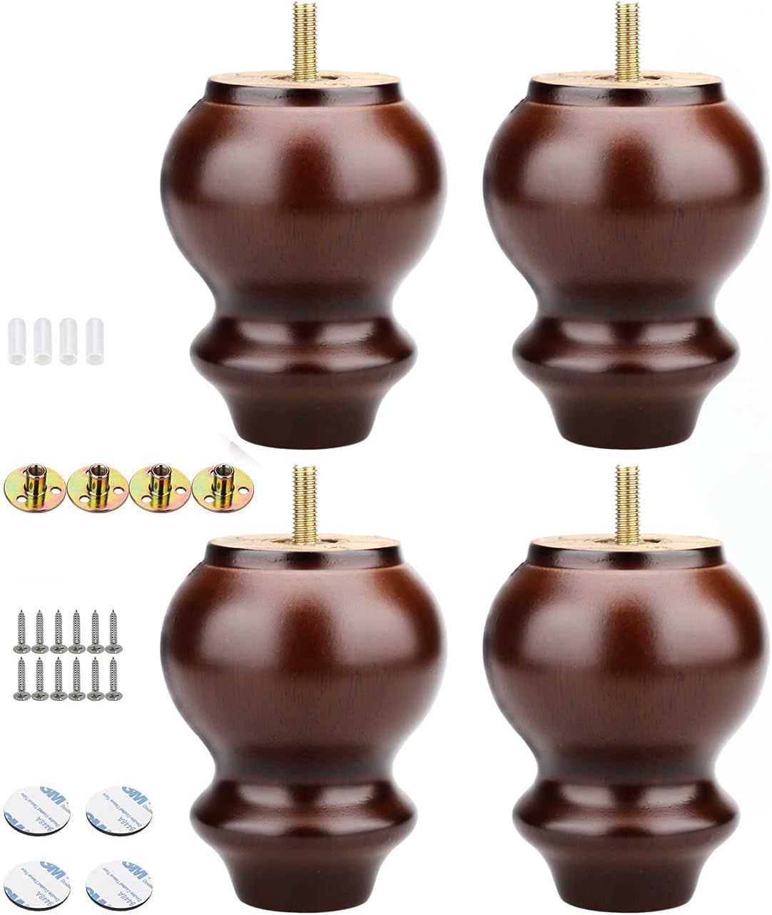 Set of 4 Furniture Legs, 4 Inch Gourd Type Rubber Wood Legs for Furniture Coffee Finished Wood Legs for Sofa, Chair, Ottoman, Stool (Brown)