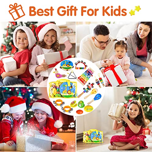 Bala 20PCS Toddler Kids Musical Instruments Set Musical Toys Wooden Percussion Instruments Preschool Educational Toys Xylophone for Kids Early Learning Musical Toys with Storage Bag for Boys Girls