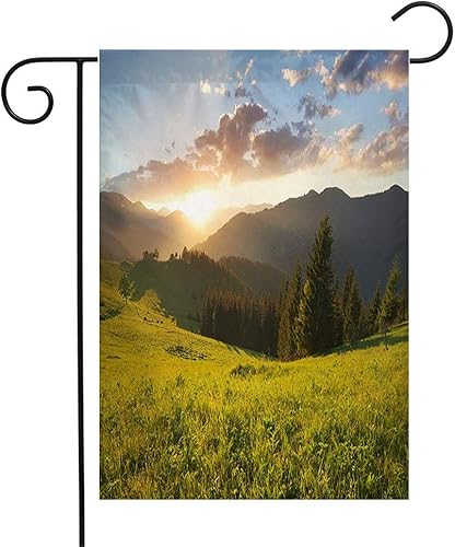 Bandera de bienvenida para jardín, puesta de sol vertical, montaña, valle, panorama, hermoso paisaje natural, sol rural, atardecer, parques