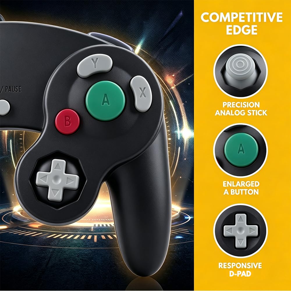 Reiso NGC Classic Gampad Lot de 2 manettes filaires pour gamecube compatible avec Wii Gamecube (noir et noir)