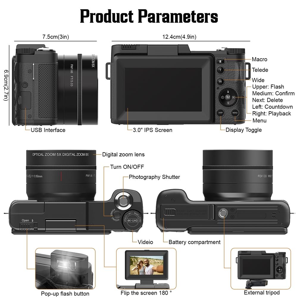 Aparat fotograficzny 4K 48 MP z 5-krotnym zoomem optycznym i 8-krotnym zoomem cyfrowym, kompaktowy aparat z autofokusem