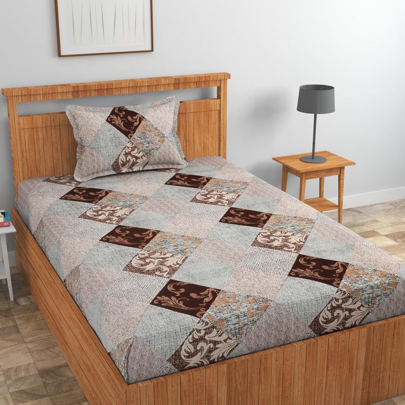 Image of NHD HOME Pure Cotton 180 to 220 tc Flat Single Bedsheets for Summer Breathable | Wrinklefree | Super Soft (Size-60 X 90 Inch) with 1 Pillow Covers (Size-17 X 27 Inches, Floral, Beige Brown)