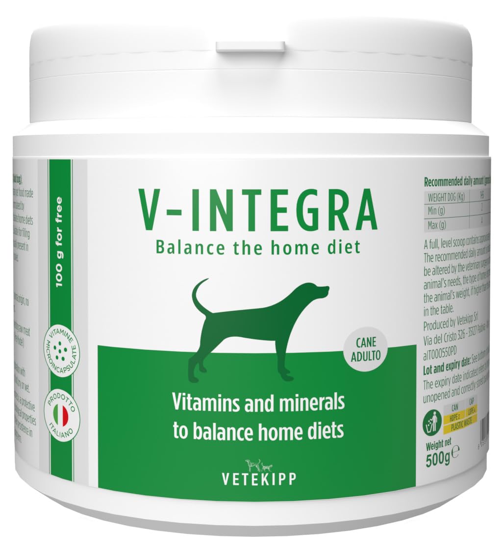 V-INTEGRA Cane Adulto (Erwachsener Hund) - Komplettes Vitamin- und mineralstoffreiches Ergänzungsfuttermittel für Heim-Diät - und Barf-Ernährung von Erwachsener Hunden - 500g - Made in Italy