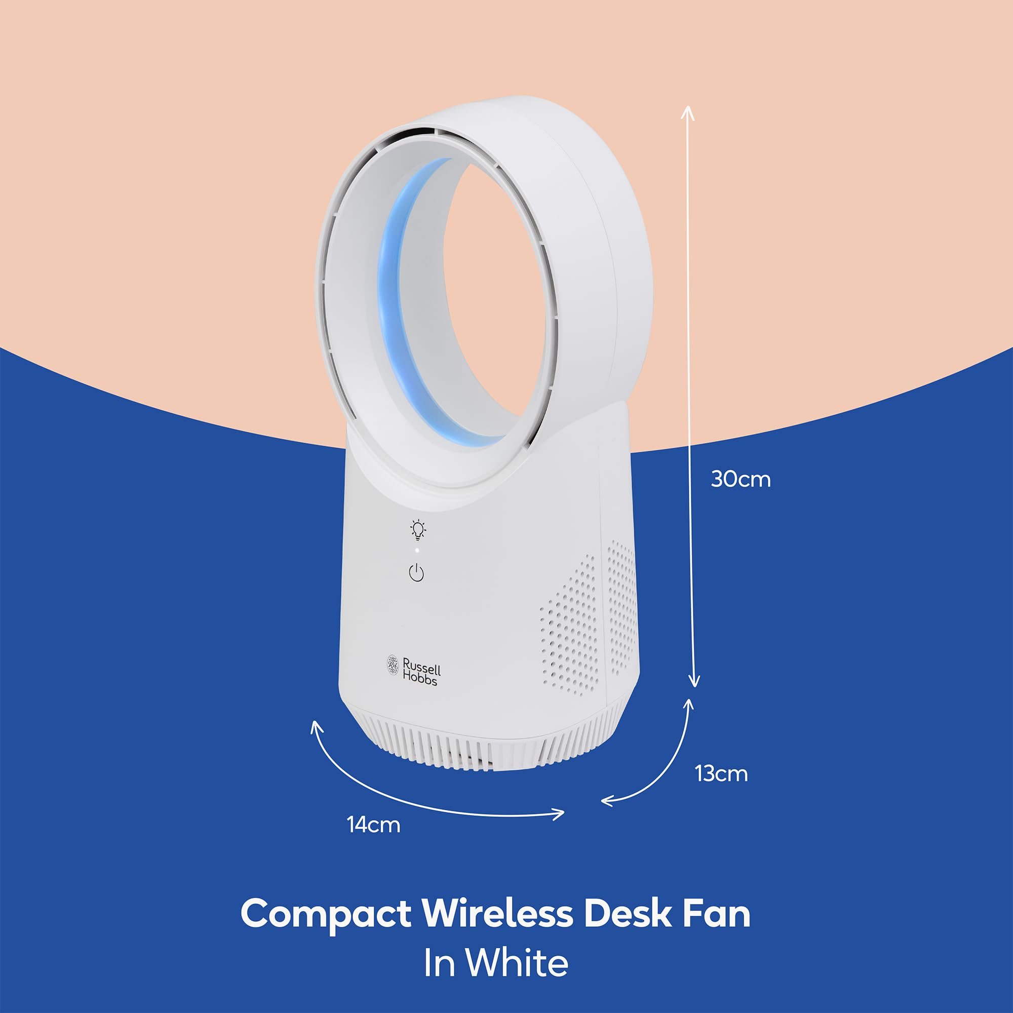 Russell Hobbs RHBLDLUSB25 Ventilateur de bureau silencieux sans pales avec éclairage ambiant, rechargeable par USB, batterie de 2 heures, 3 réglages de vitesse, ventilateur électrique portable 6 W,