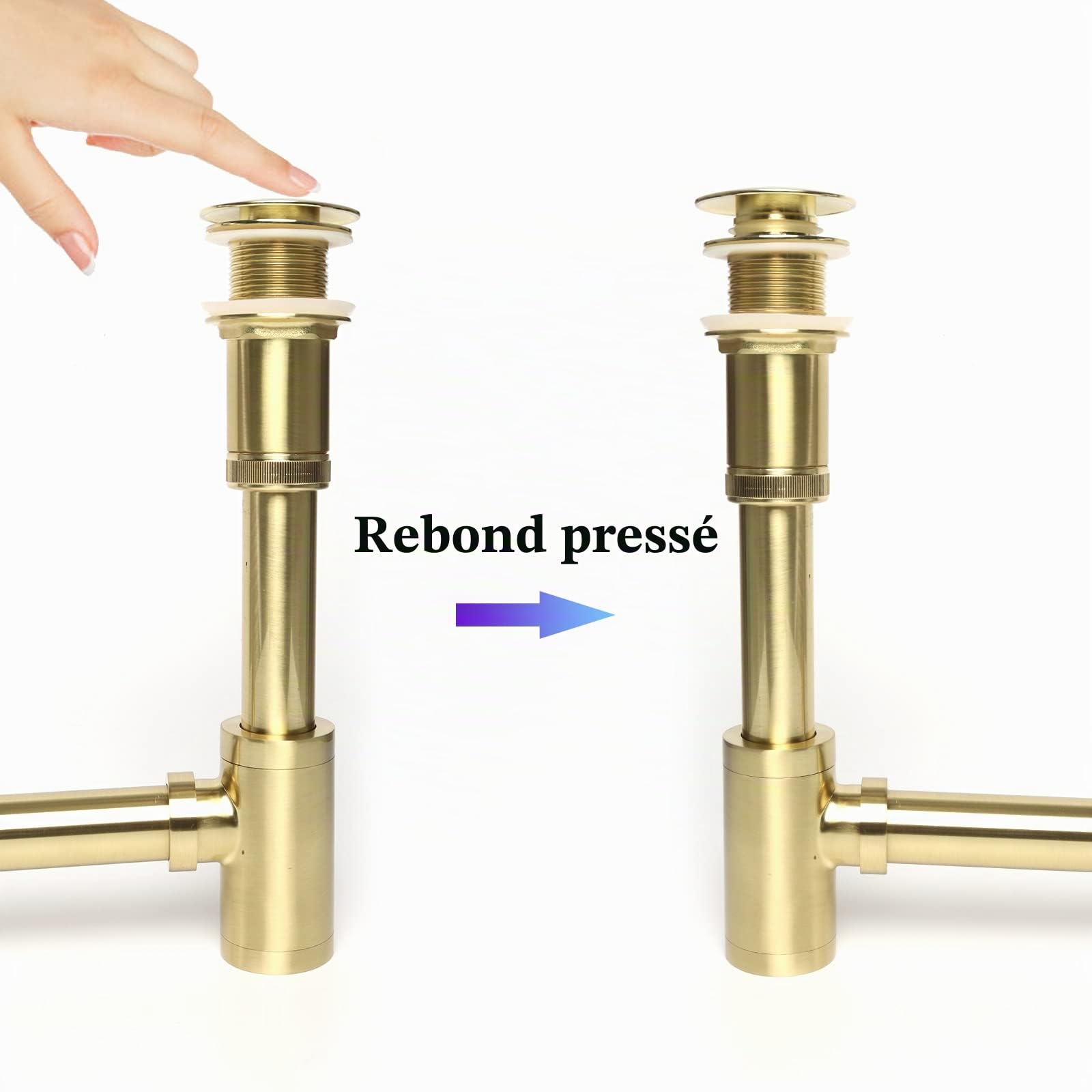 Design Siphon pour lavabo avec garniture de vidage, vanne pop-up sans trop-plein, siphon universel en laiton, piège à odeur pour salle de bain avec joints d'étanchéité, ouverture de nettoyage (Or