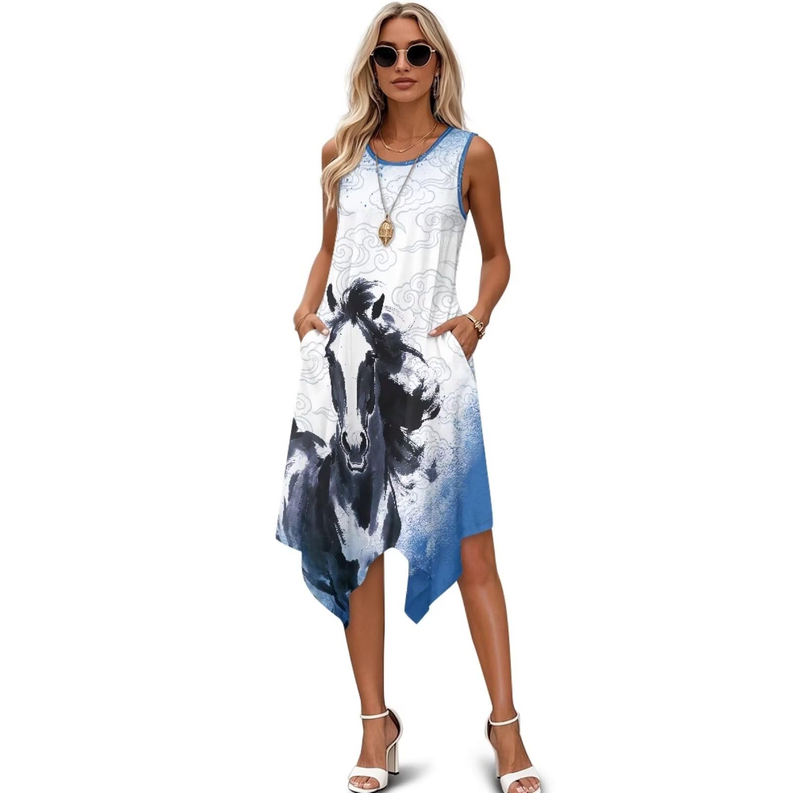 Black White Dress for Women Summer Sleeveless Asymmetric Dresses Casual Swing Flowy Dress with Pocket Beach Outfits