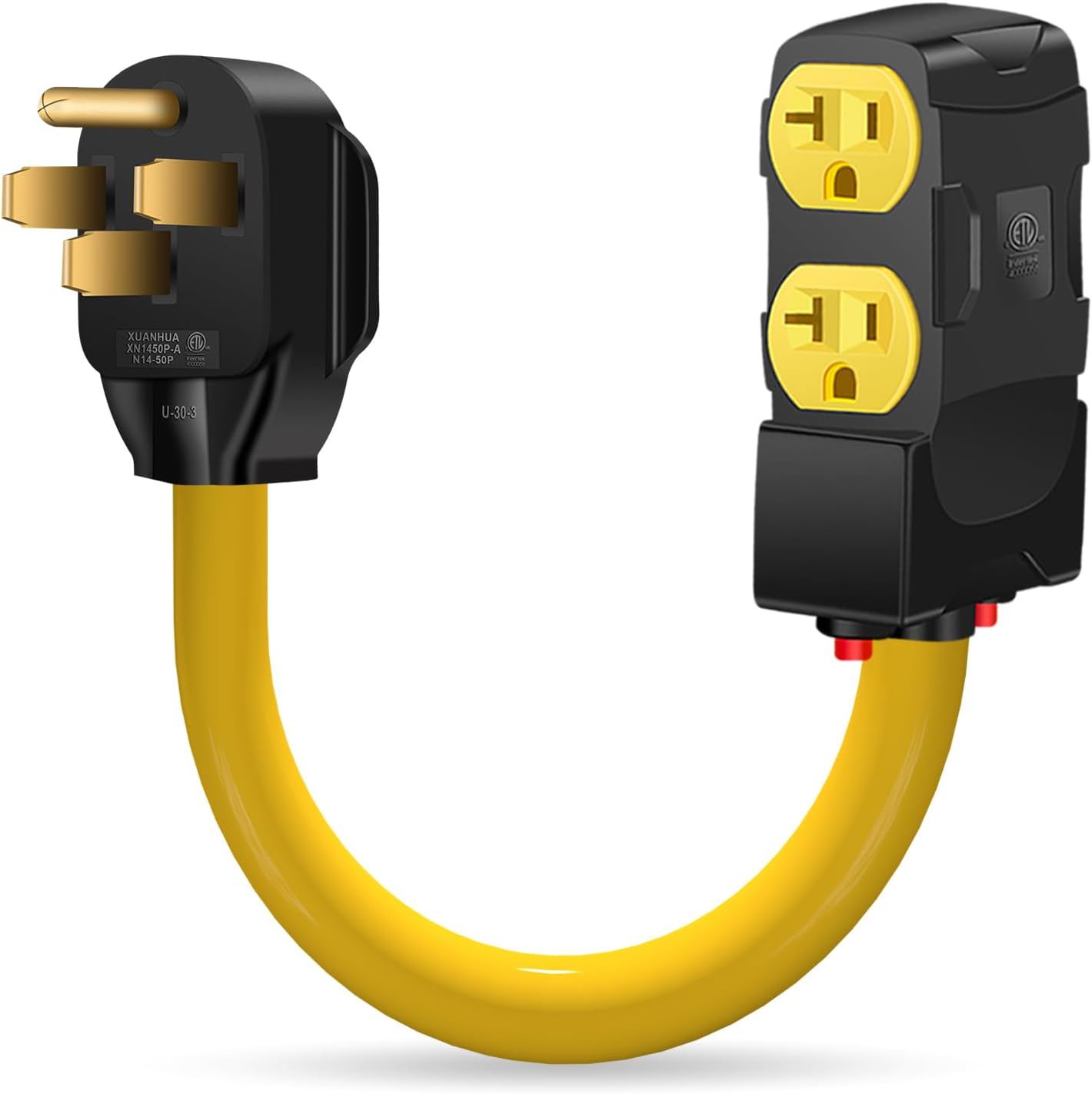 50 Amp to 20 Amp 110V RV Distribution Adapter, NEMA 14-50P to 4 X 5-20R/15R RV Generator Distribution Cord, Built-in Circuit Breaker, ETL Listed(1.5FT)