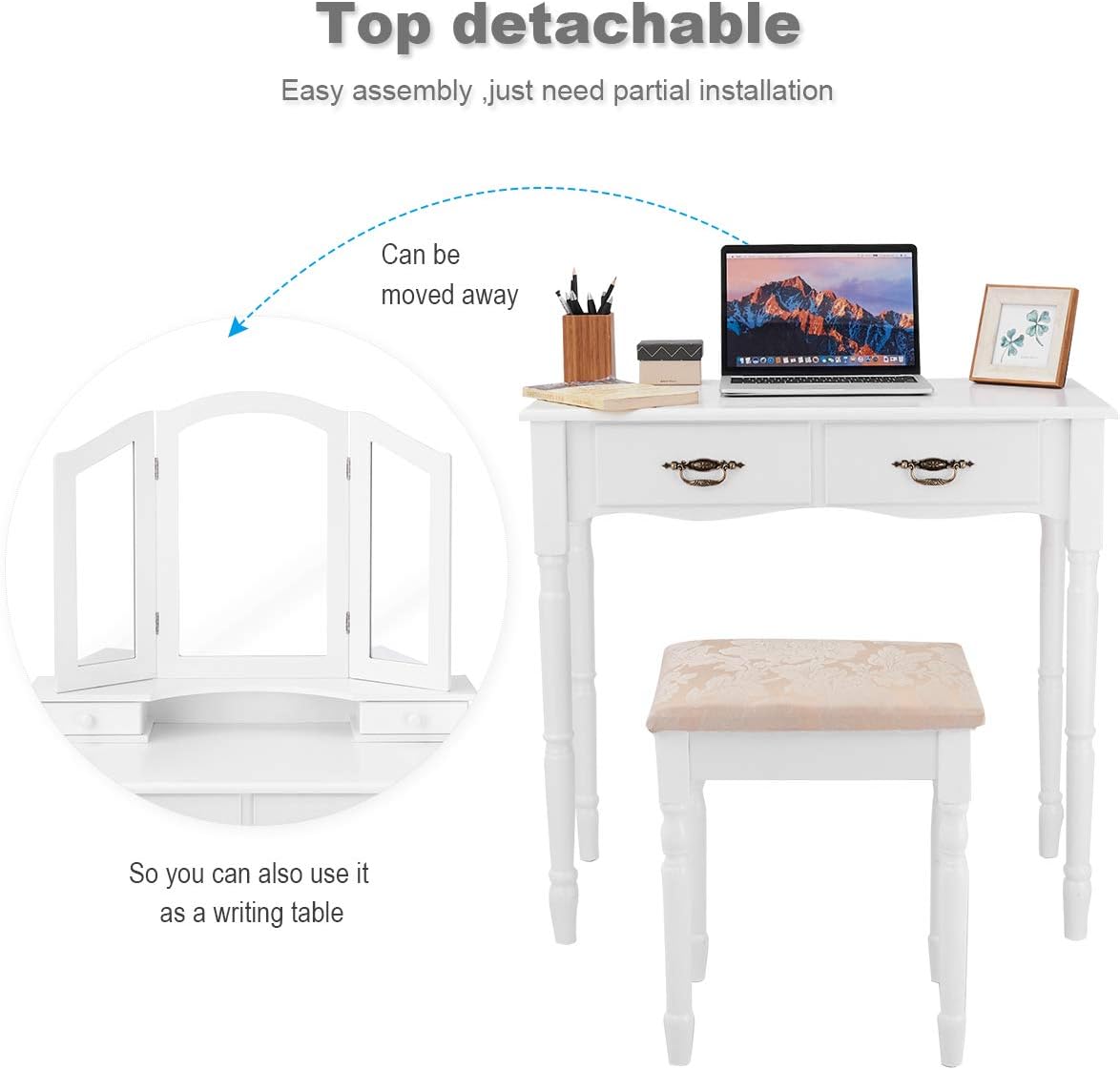 Giantex Vanity Set Makeup Table with Stool, Dressing Tables with 4 Drawers, Tri-Folding Mirror, Large Mirrored Room Vanity Desk for Bedroom Bathroom Padded Seat Chair Vanities, White