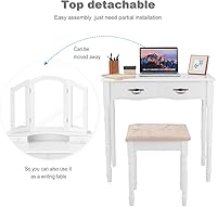 Vista 3 de Giantex Juego de tocador de maquillaje con taburete, tocadores con 4 cajones, espejo de tres pliegues, escritorio grande con espejo para dormitorio