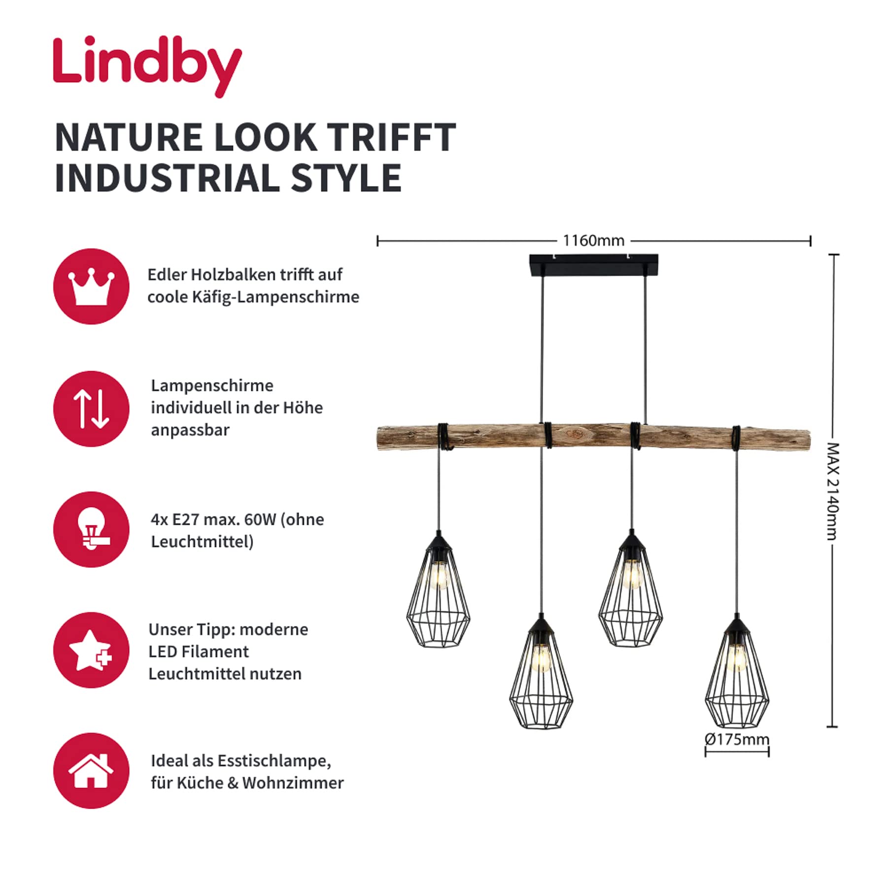 Lindby Esstisch Pendelleuchte Holz, Eisen Balkenpendelleuchte Holzast und Käfig Lampenschirm Holzlampe Lampe Wohnzimmer 4x E27 max. 60W ohne Leuchtmittel