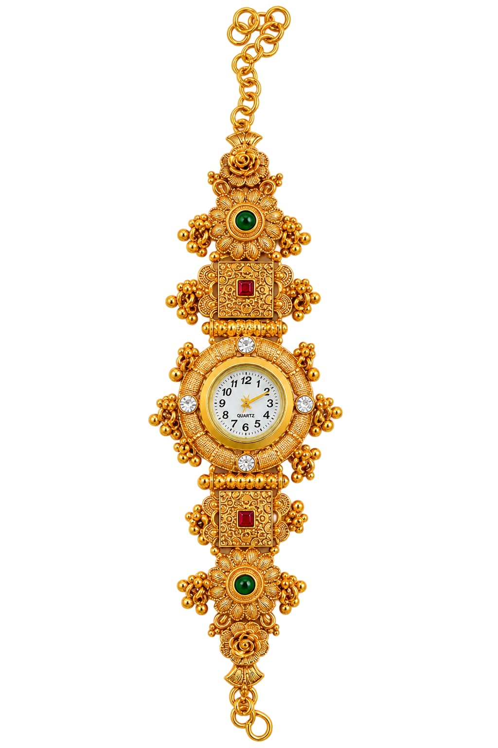 GC PREMIUM JEWELLERY Gold Plated Antique Floral for Women | Traditional Kundan Style with Green & Red Artificial Stones | Ghunghru Charm Designer Bracelet Watch | Non-Adjustable Ethnic Fashion Jewellery (round white stone)