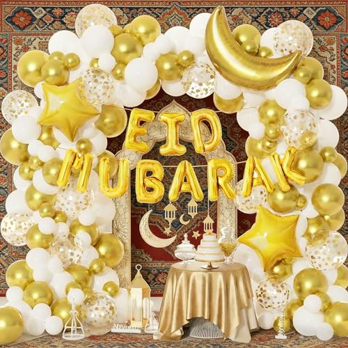 Image of Eid Mubarak Decorations, Ramadan Decorations for Home, 131Pcs White Gold Confetti Balloons Arch Garland Kit with Eid Mubarak Moon Star Foil Balloons for Eid al-Fitr Party