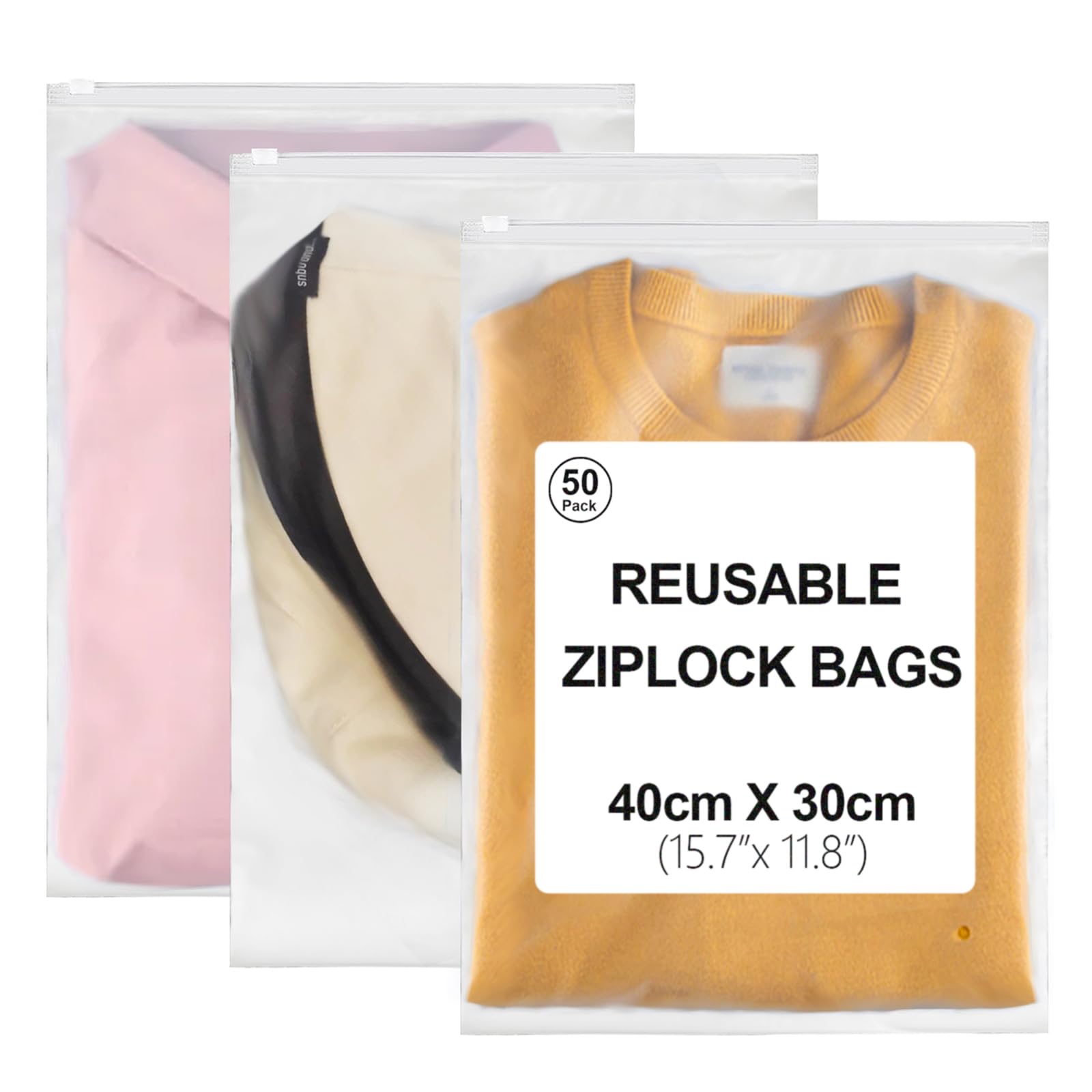 50Pcs Reusable Ziplock Bags for Clothes and Travel - 40x30cm Large Plastic Hospital Organiser Bag, Frosted Luggage Bags With Ventilation Holes for Shoes, Cosmetics