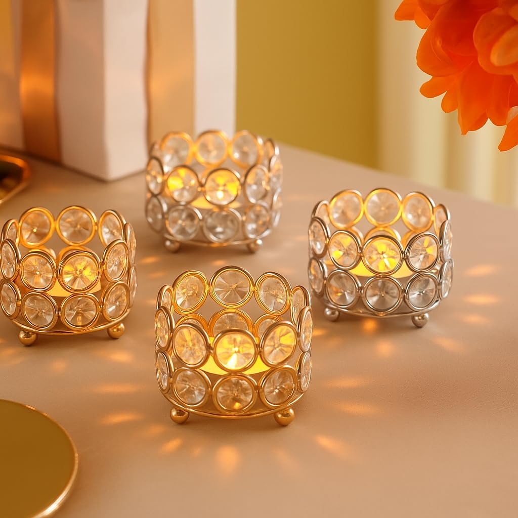 Crystal Votives Bowl Candle Holders Tealight Candle Holder for Home Decoration, Diya Diwali Decoration Lights Centerpieces for Wedding Home Party Table Decoration Gold (Gold (Pack of 4))