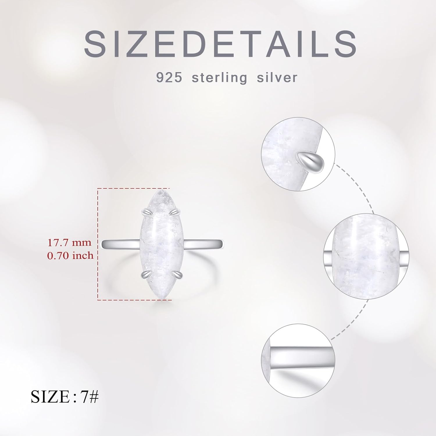 18x7mm Genuine Moonstone Minimalism Rings, Sterling Silver Dainty Rings Healing Gemstone Real Jewelry for Women