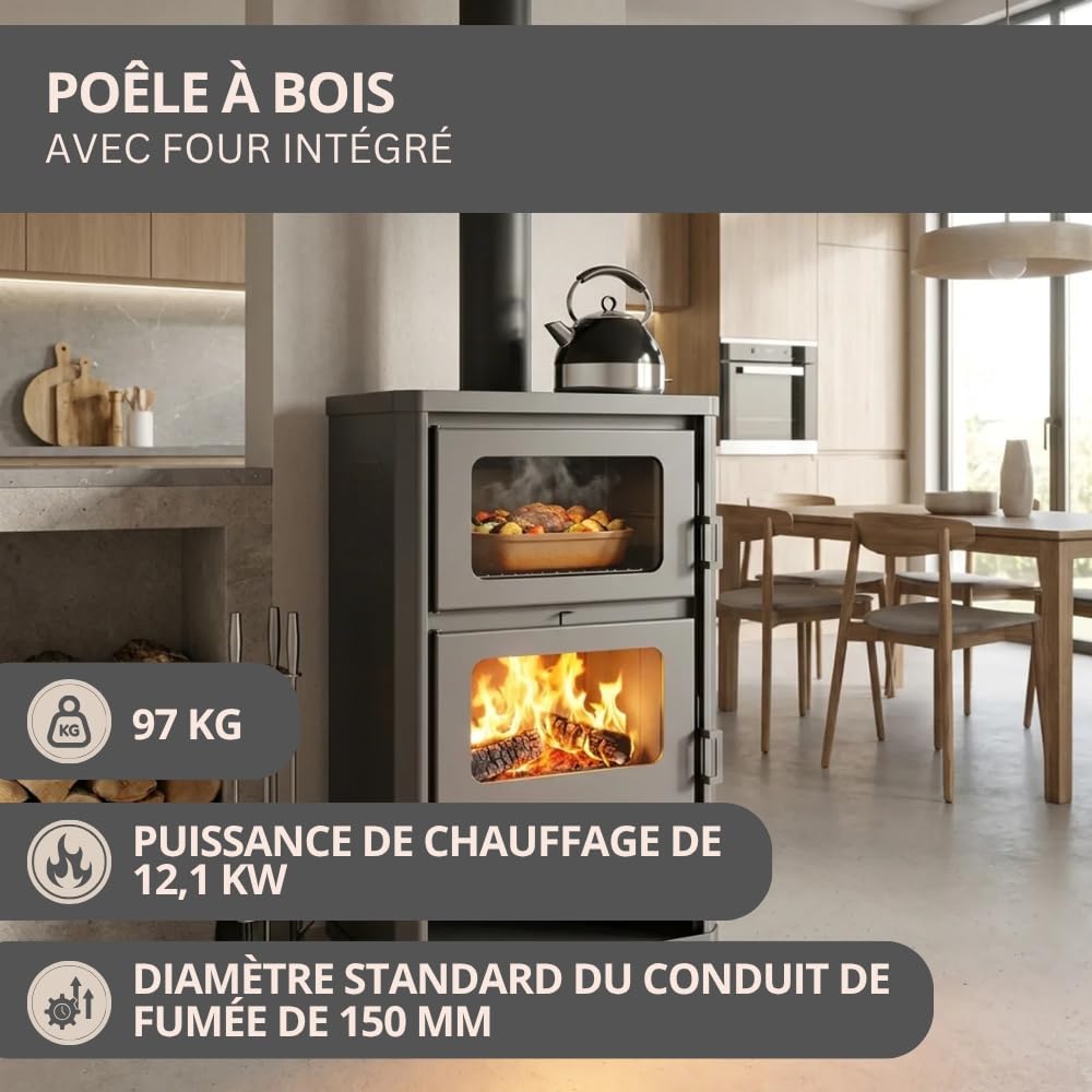 Prity FG D Poêle à bois avec poêle et manteau d'eau | Réchaud de chauffage central | Certifié CE | Poêle à bois