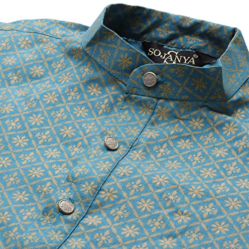 Image of SOJANYA (Since 1958 Men's Cotton Linen Blue Foil Printed Kurta and White Pyjama Set