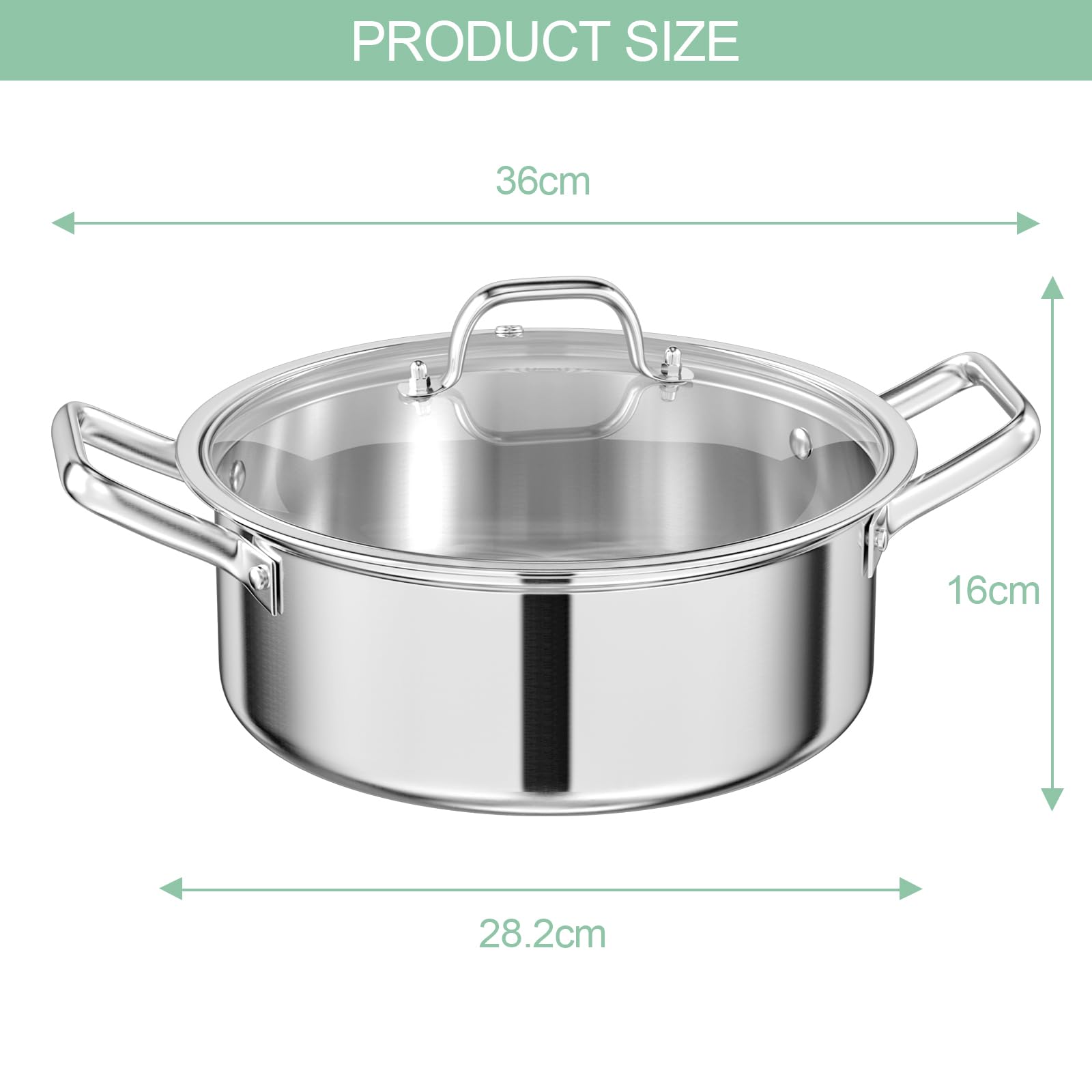 Casseruola Acciaio Inox 28 cm, Padella per Stufare 6 L, Tegami Bordo Alto 3 Strati, Pentola Bassa con Coperchio in Vetro, per Tutti i Tipi di Piano Cottura, Lavabile in Lavastoviglie