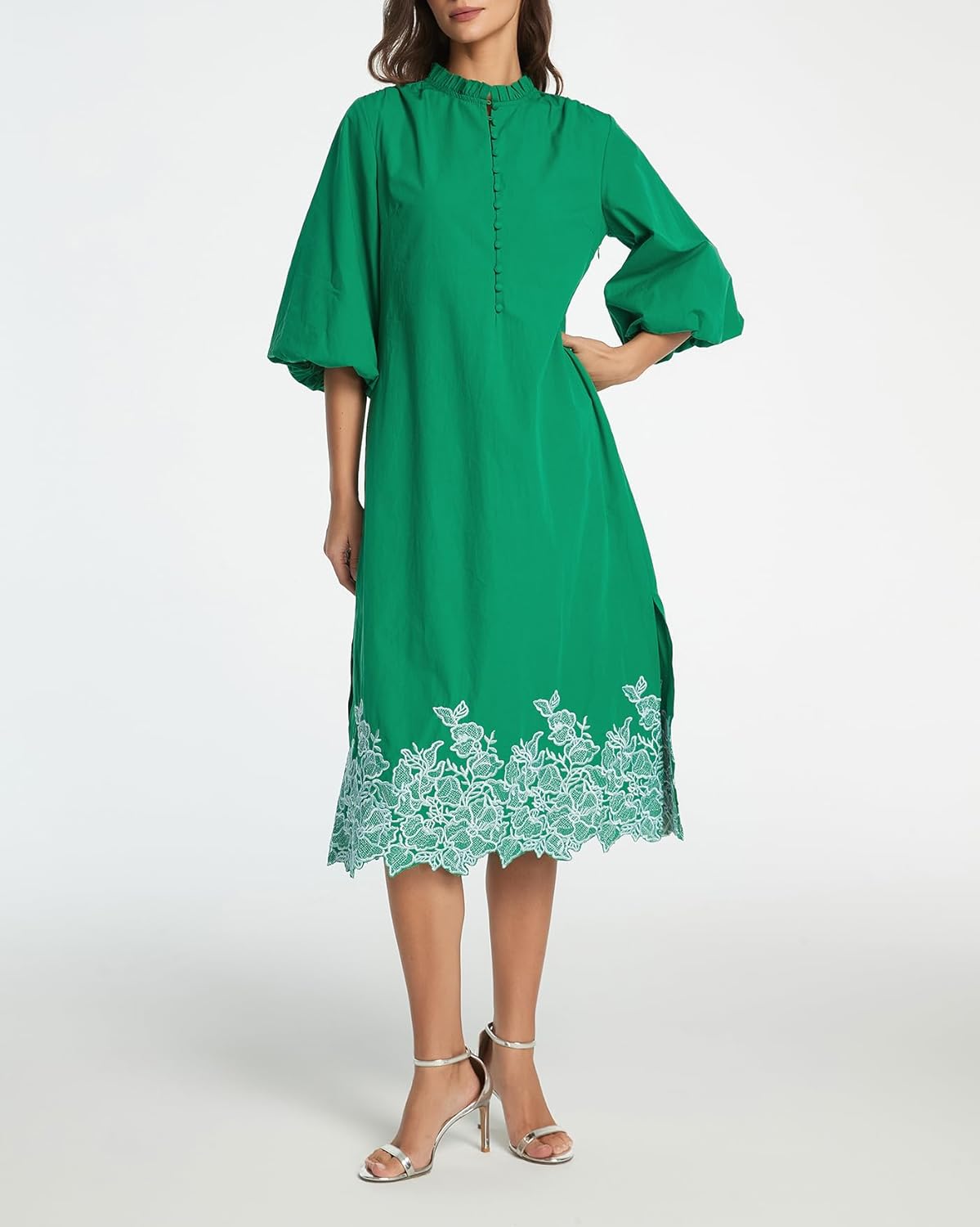 Kedera Womens Midi Summer Dresses Casual 3/4 Sleeve V Neck Button Up Embroidered Cotton Flowy Dress 2025 with Pocket - Image 2