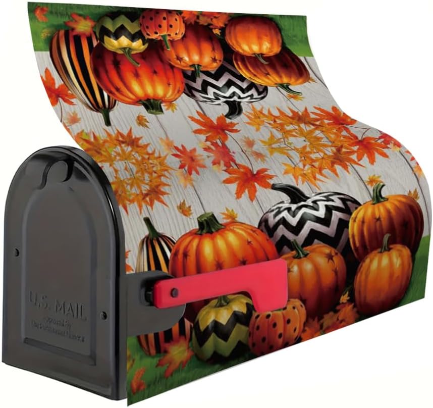 Pumpkin Magnetic Mailbox Cover with Maple Leaves, Waterproof Oxford Cloth Mailbox Wrap, Outdoor Garden Yard Home Decor for Standard Size 18" x 21"