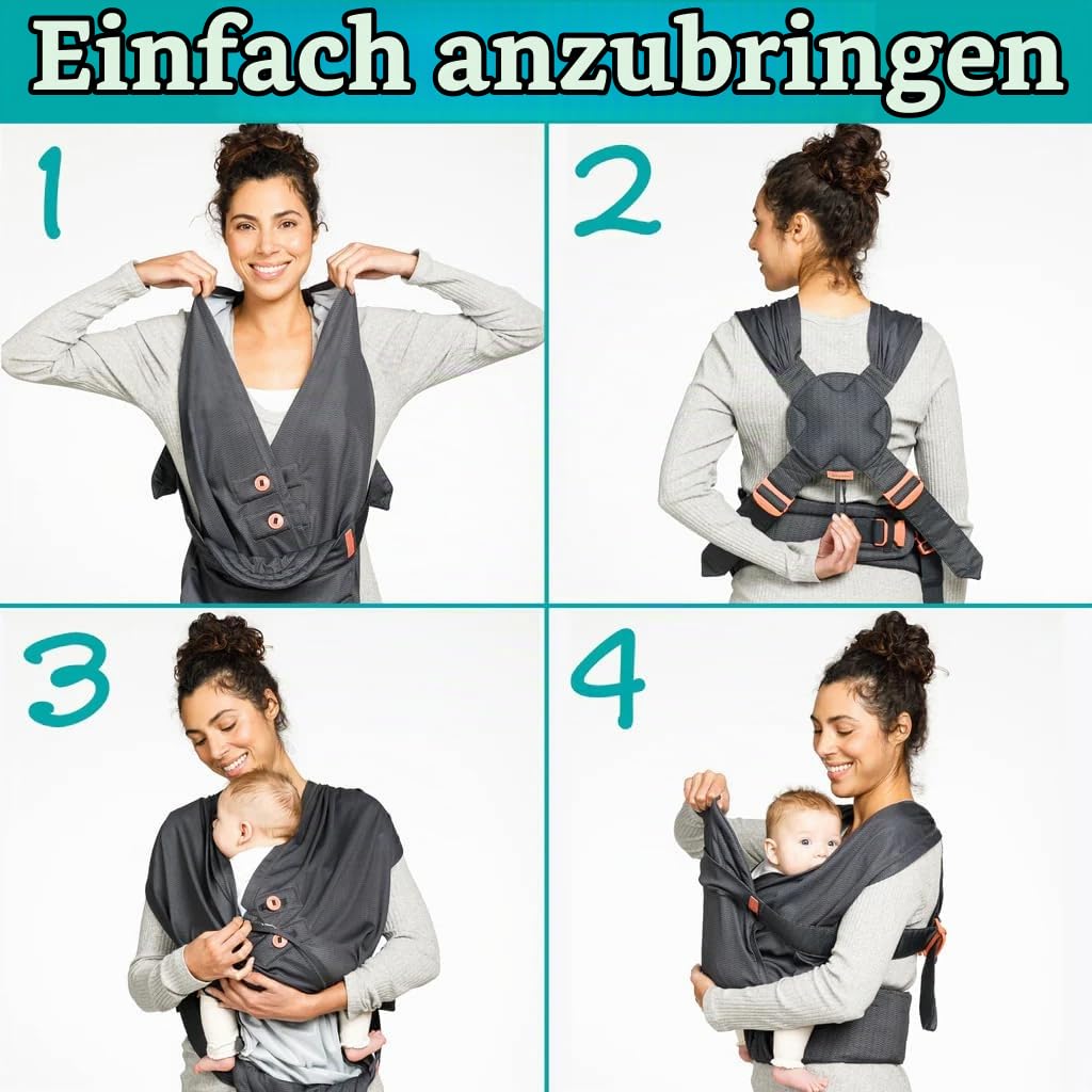 Infantino - Hybrid-Tragetuch Babytrage Hug & Cuddle - Hybrid tragetuch baby neugeboren - Gepolsterte Privatsphäreabdeckung - Integrierte Aufbewahrungstasche - Für Babys von 3,2 bis 11,8kg - Dunkelgrau