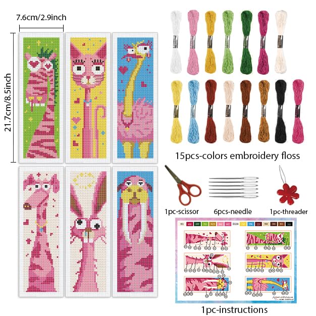 Image of INFUNLY 6pcs Abstract Animal DIY Cross Stitch Bookmark Kits for Beginners Pink Theme Cross Stitch Kit with Instruction Bunny Cat Dog Stamped Embroidery Bookmark Kit for Book Lovers Readers Gift