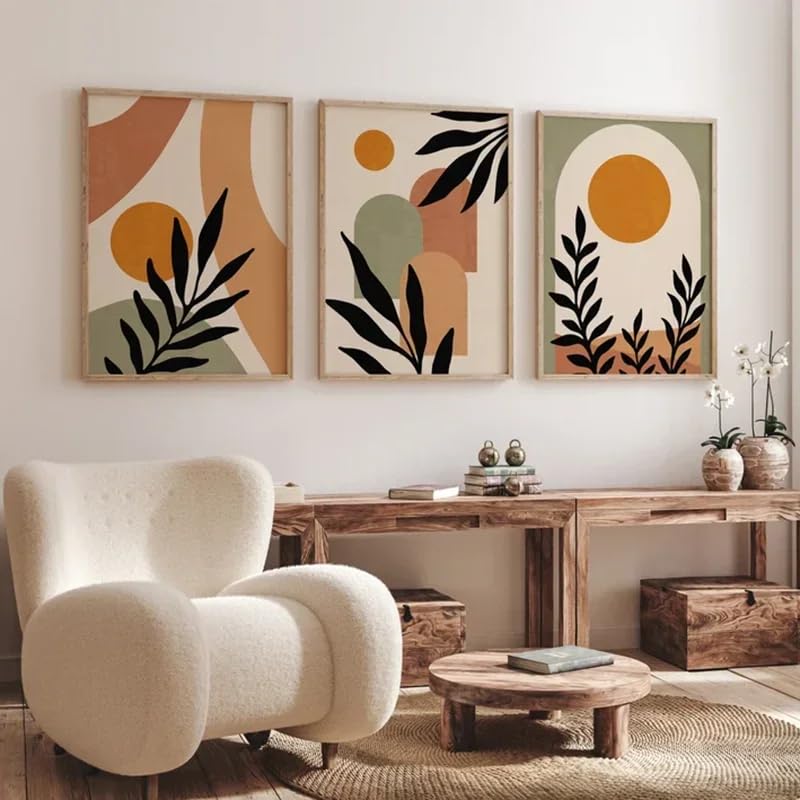 Peinture nordique salon et cuisine : triptyque mural boho vert et beige 50x70cm