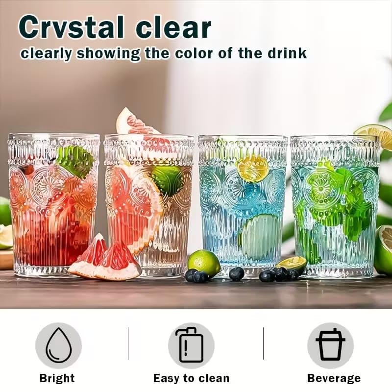 Image of PrimeWorld 6pcs Vintage Drinking Glasses Set - 350ml Highball Glasses & Embossed Ribbed Glassware Cups | Perfect for Thanksgiving, Cocktails, Juice, Coffee & Whiskey | Elegant & Durable Drinkware