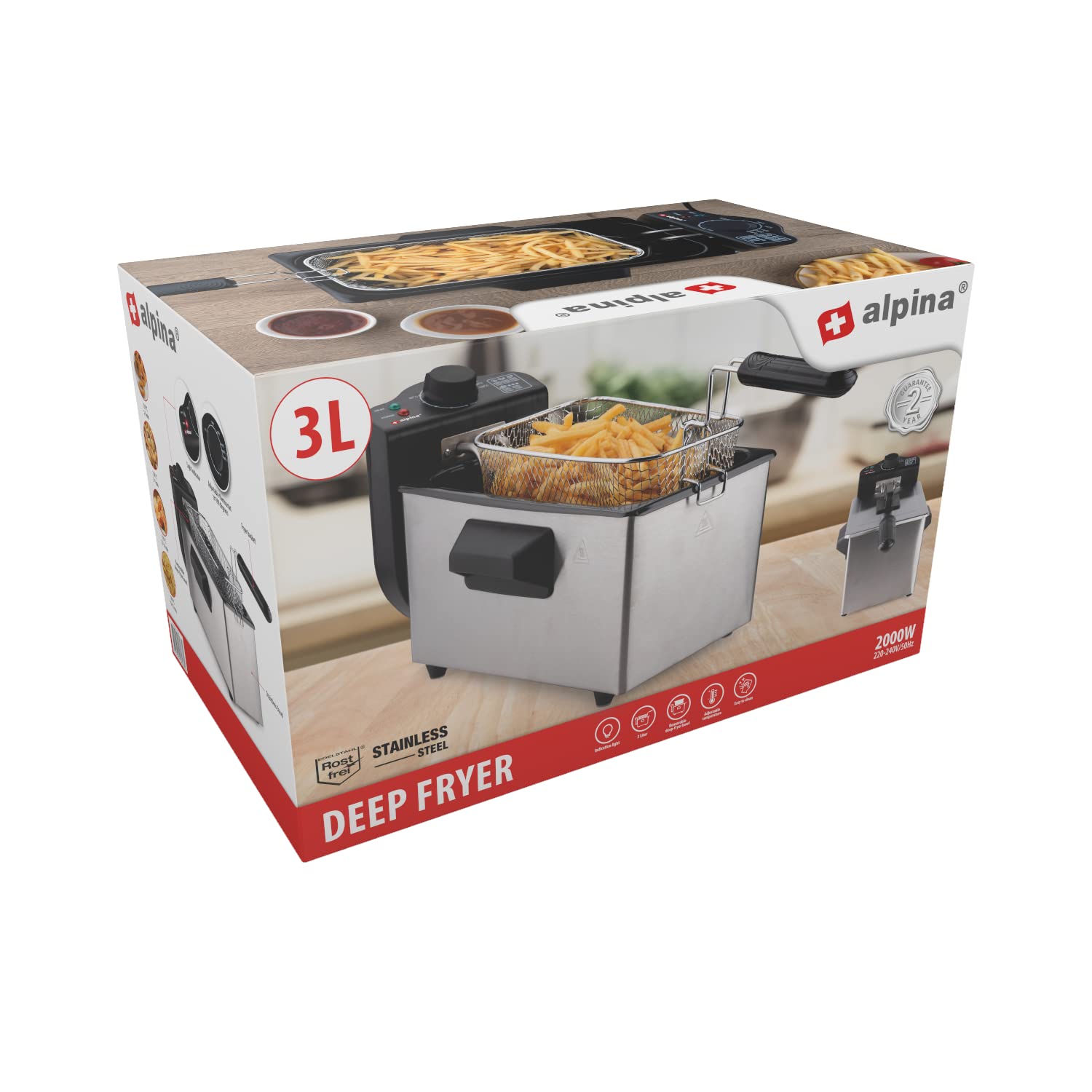 alpina Friggitrice - Friggitrice - 3 Litri - 2000 Watt - Acciaio inossidabile - Con Pulsante Termostato