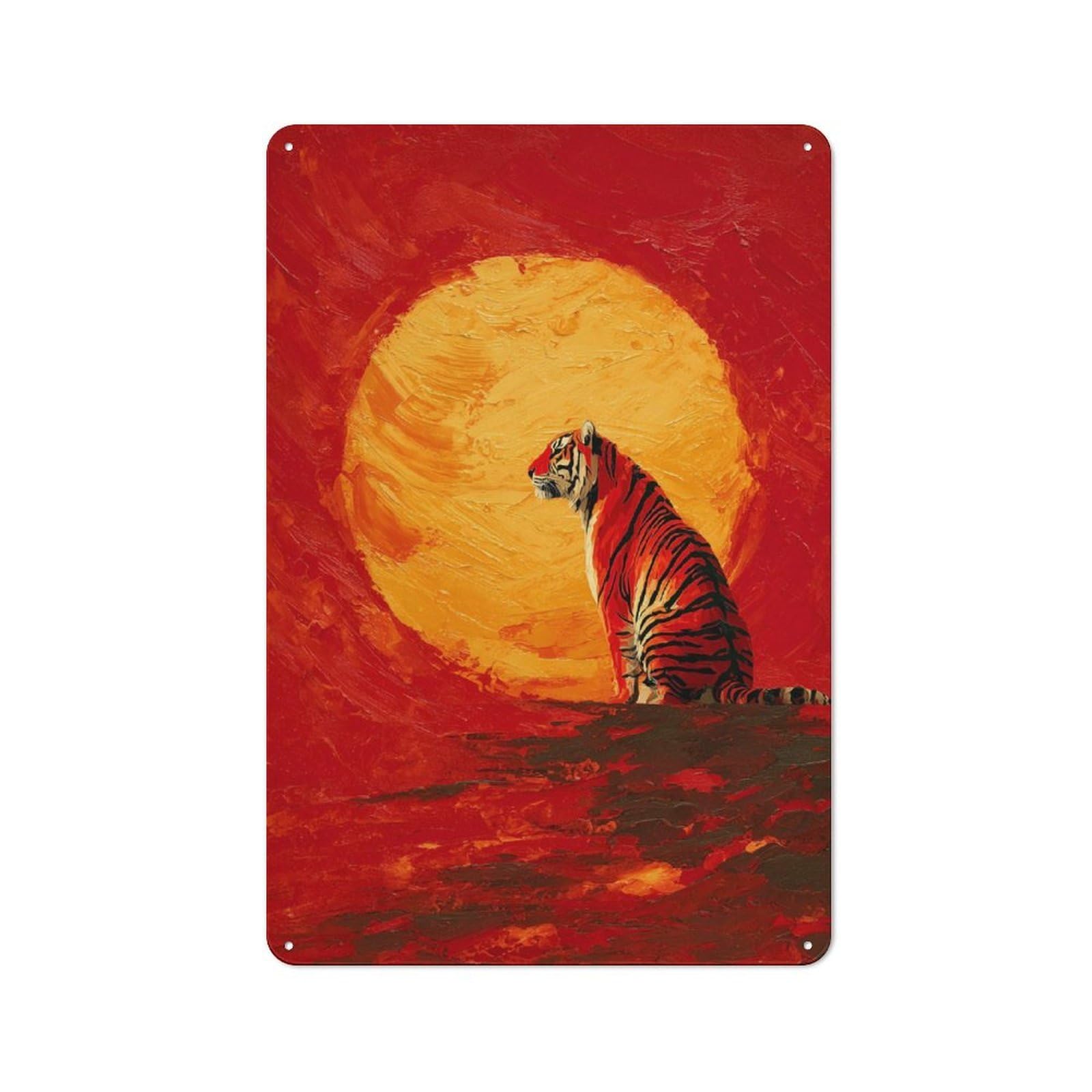 Junmoney Style-11 Workshop Style Tiger In Front Of A Large Sun Tin Sign 30X20cm, Garage Wall Decor For Tool Room, Garage, Studio Or Home Bar