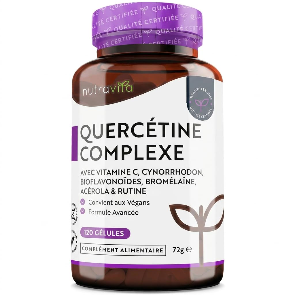Quercétine 500 mg + vitamine C 80 mg + bromélaïne + cynorrhodon — 120 gélules vegan