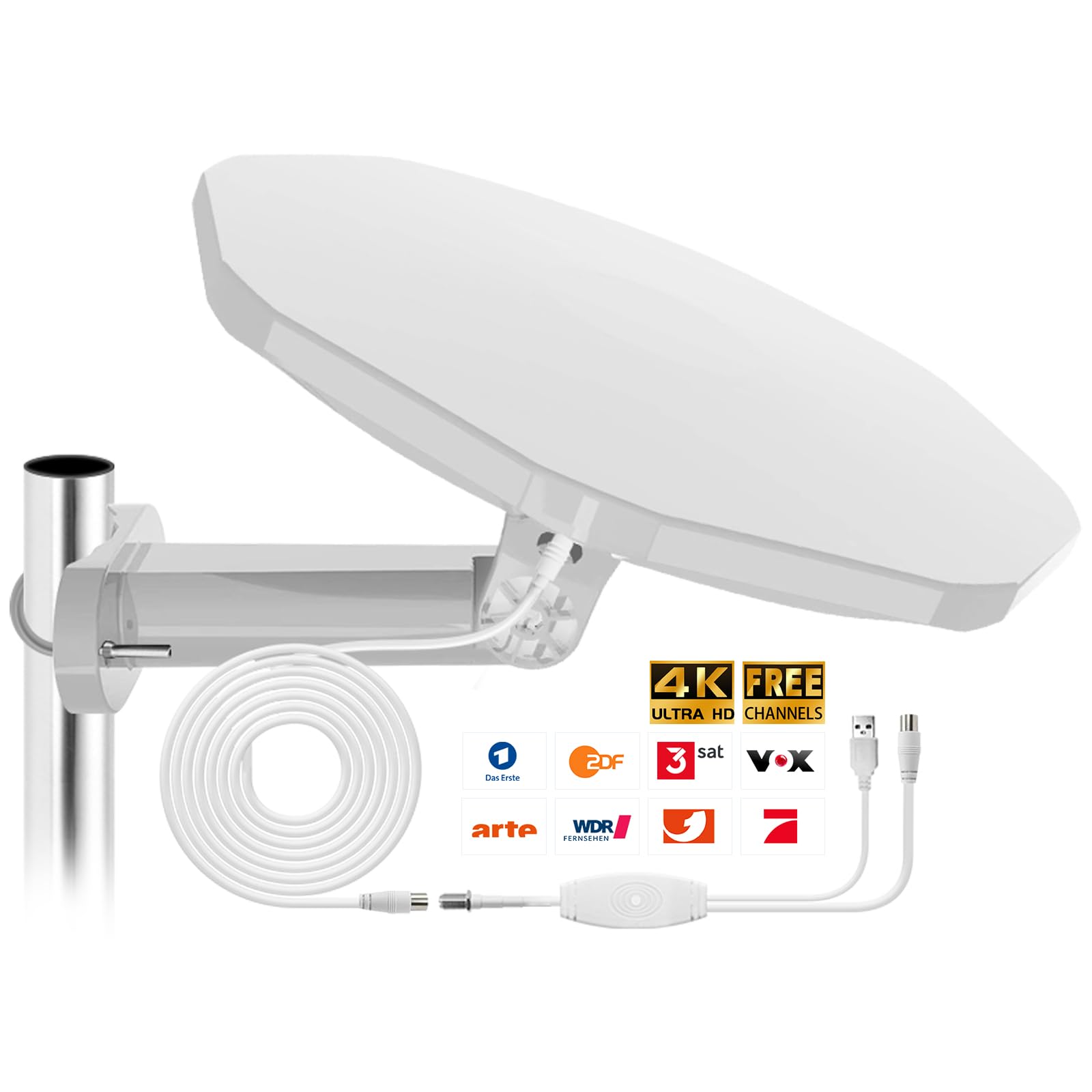 Antenna DVBT2, antenna da camera DVB-T e DVB-T2, con amplificatore, per interni ed esterni, antenna digitale con amplificatore per esterni, angolo di ricezione a 360°, resistente alle intemperie, ai