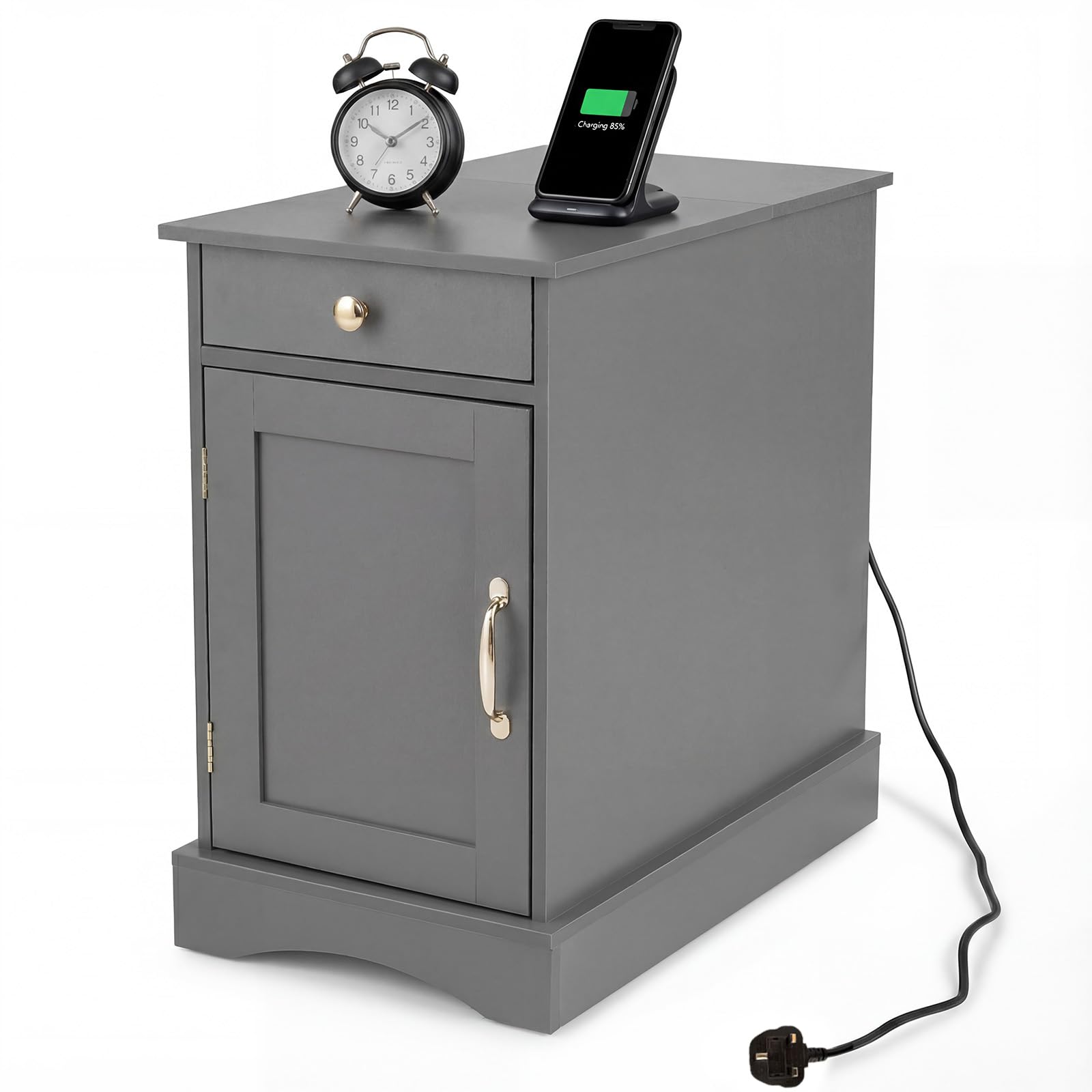 COSTWAY Bedside Table with Charging Station, Wooden Nightstand End Sofa Side Table with Drawer, Cabinet & Adjustable Shelf, Narrow Accent Bedside Cabinet for Living Room Bedroom (1, Grey)