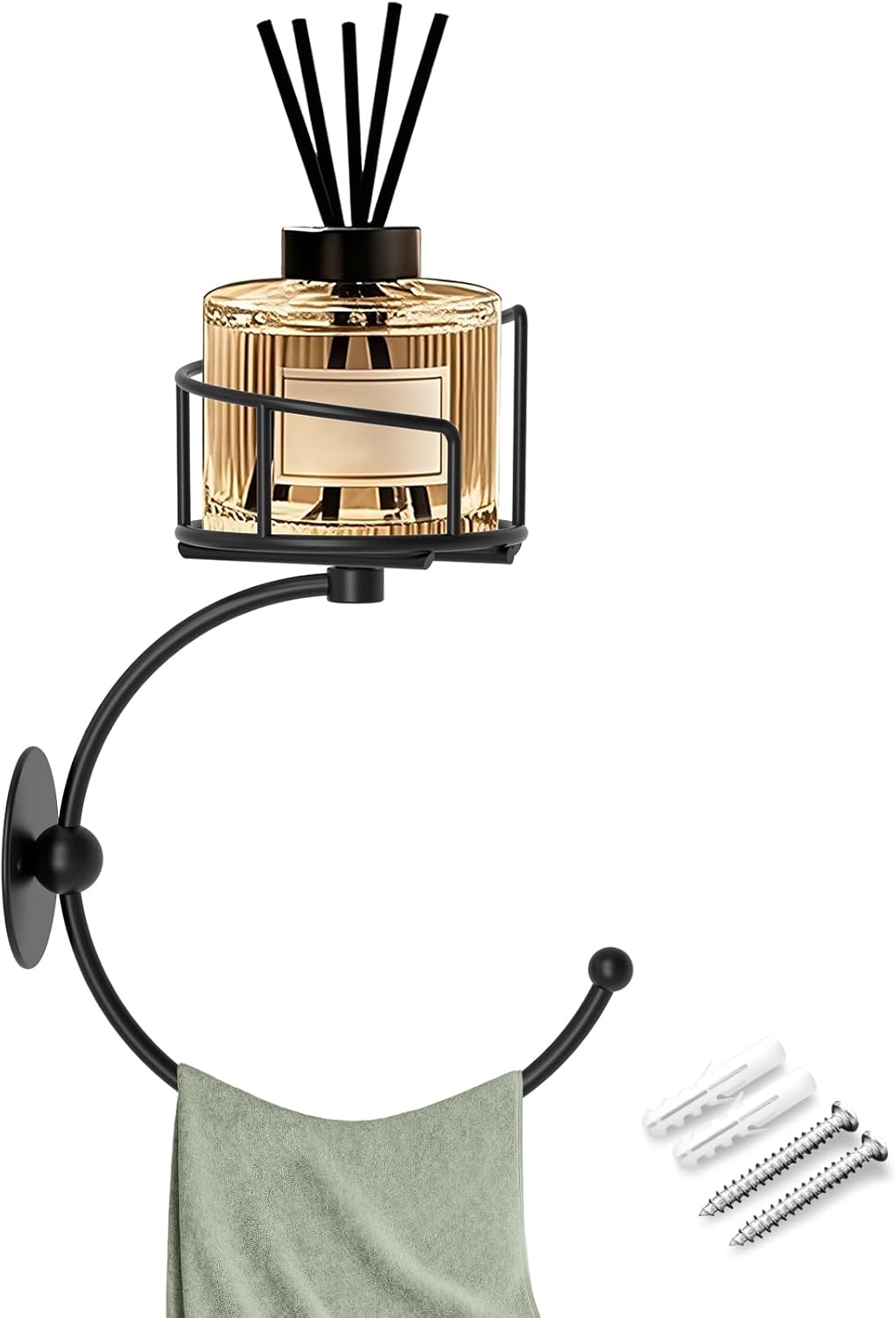 Zylbb モダンハンドタオルホルダー キャンドルホルダー付き 壁用 メタルタオルフック バスルームの壁用 素朴なタオルリング 頑丈