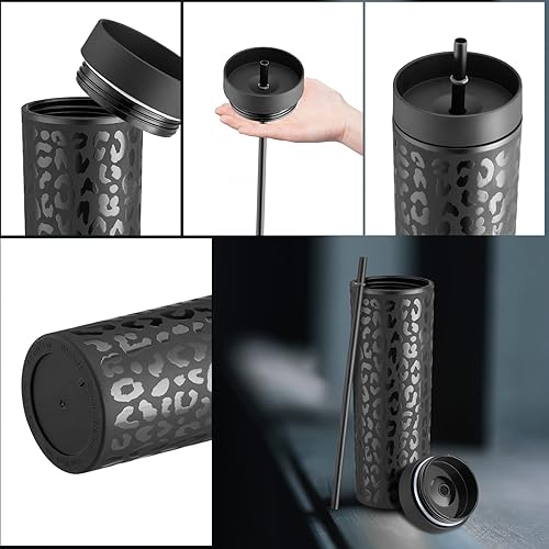 Miniatura 3 de XUWAIDSGN Paquete de 2 vasos de acrílico de leopardo negro con tapa y pajilla, 16 onzas, de plástico de doble pared con estampado de leopardo negro,