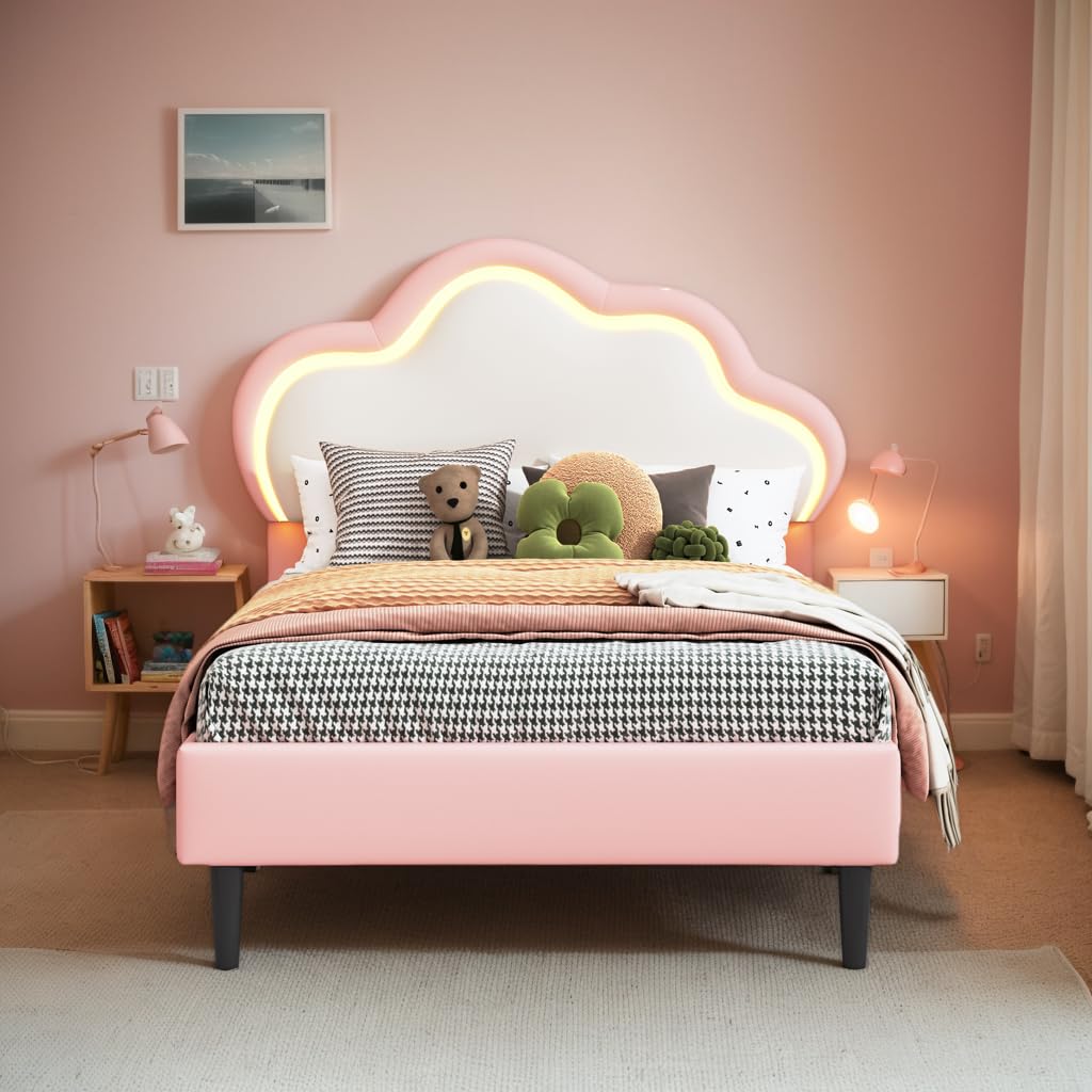 Cama infantil acolchada 90 x 200 cm, cama niña princesa con LED, camas individuales con cabecera ajustable y somier de láminas, camas para niños y adultos, PU, rosa, sin colchón
