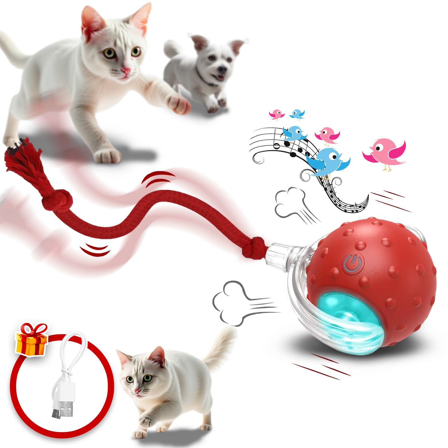 Interactive Cat Toys for Indoor Cats, 360° Smart Automatic Rolling Pet Ball, Rollie Pet Cat Toy, Electric Rolling Ball Dog Toy, Moving Cat Ball with Mesh Tail, Interactive Dog Toys for Small Dogs-Red