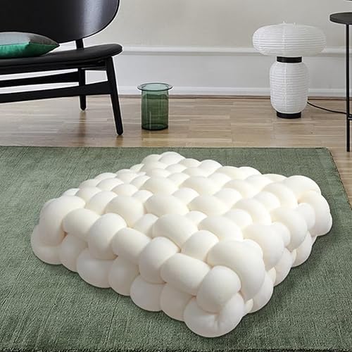 Miniatura 9 de Almohada decorativa cuadrada de 13 pulgadas, almohada anudada de terciopelo blanco y camello de 8 bolas, almohada de piso para sala de estar,