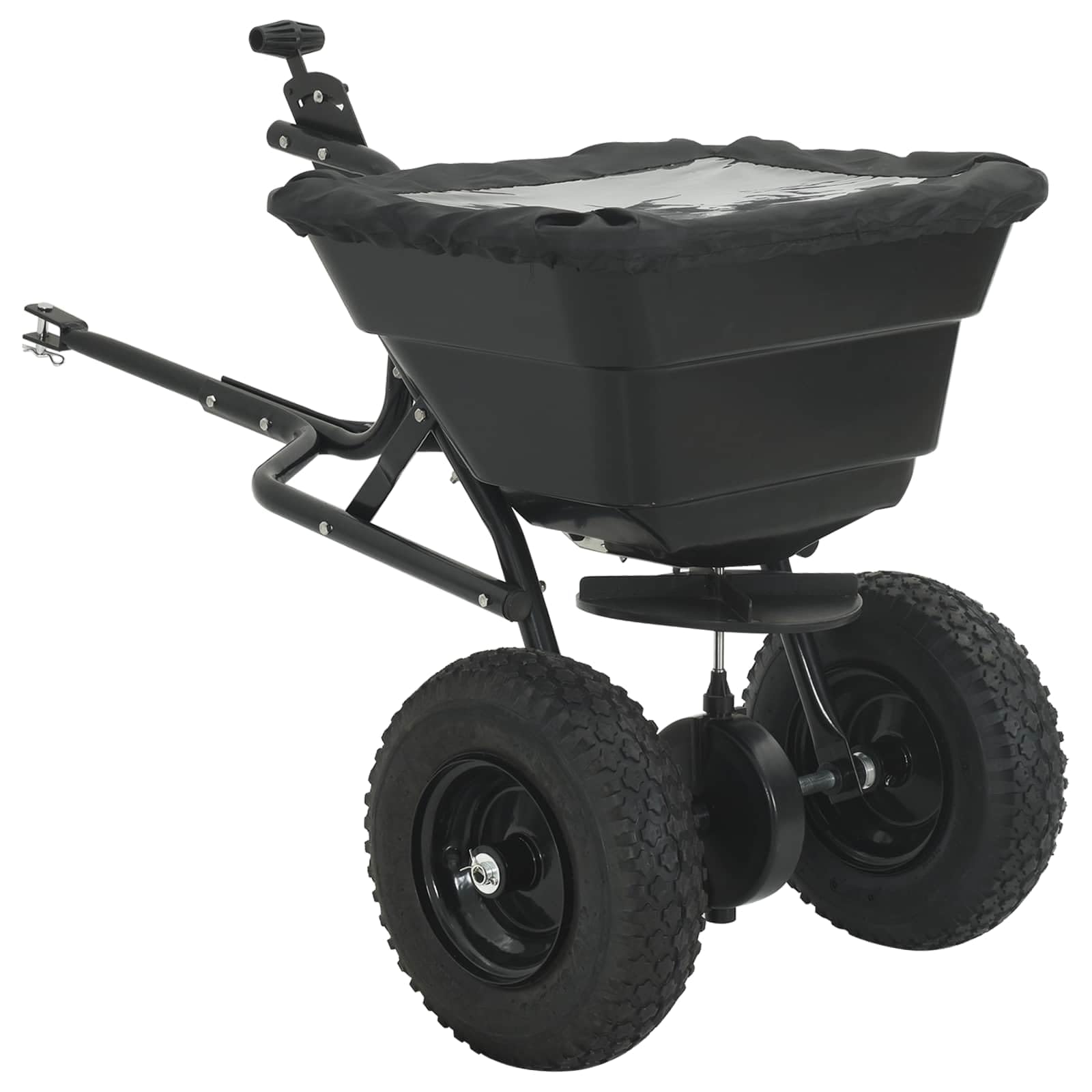 Épandeur noir en PVC robuste et acier 53 x 108 x 74 cm, épandeur manuel ergonomique pour l'entretien de la pelouse, les graines et les engrais, compact et réglable pour jardin, trottoirs et