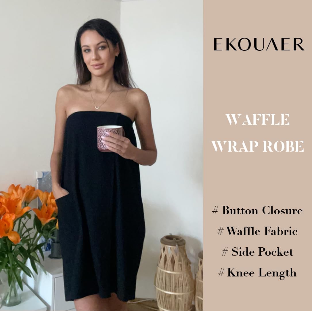 Ekouaer Waffle Robes For Women Bath Wraps Lightweight Knee Length Soft Shower Robe with Pocket S-L - Image 2