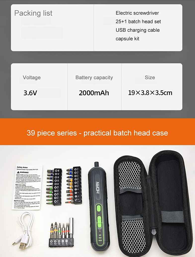 Juego de destornillador eléctrico pequeño inalámbrico 4V recargable, 5N · M, par de torsión ajustable, luz de trabajo, con 25 accesorios de destornillador, bolsa de transporte