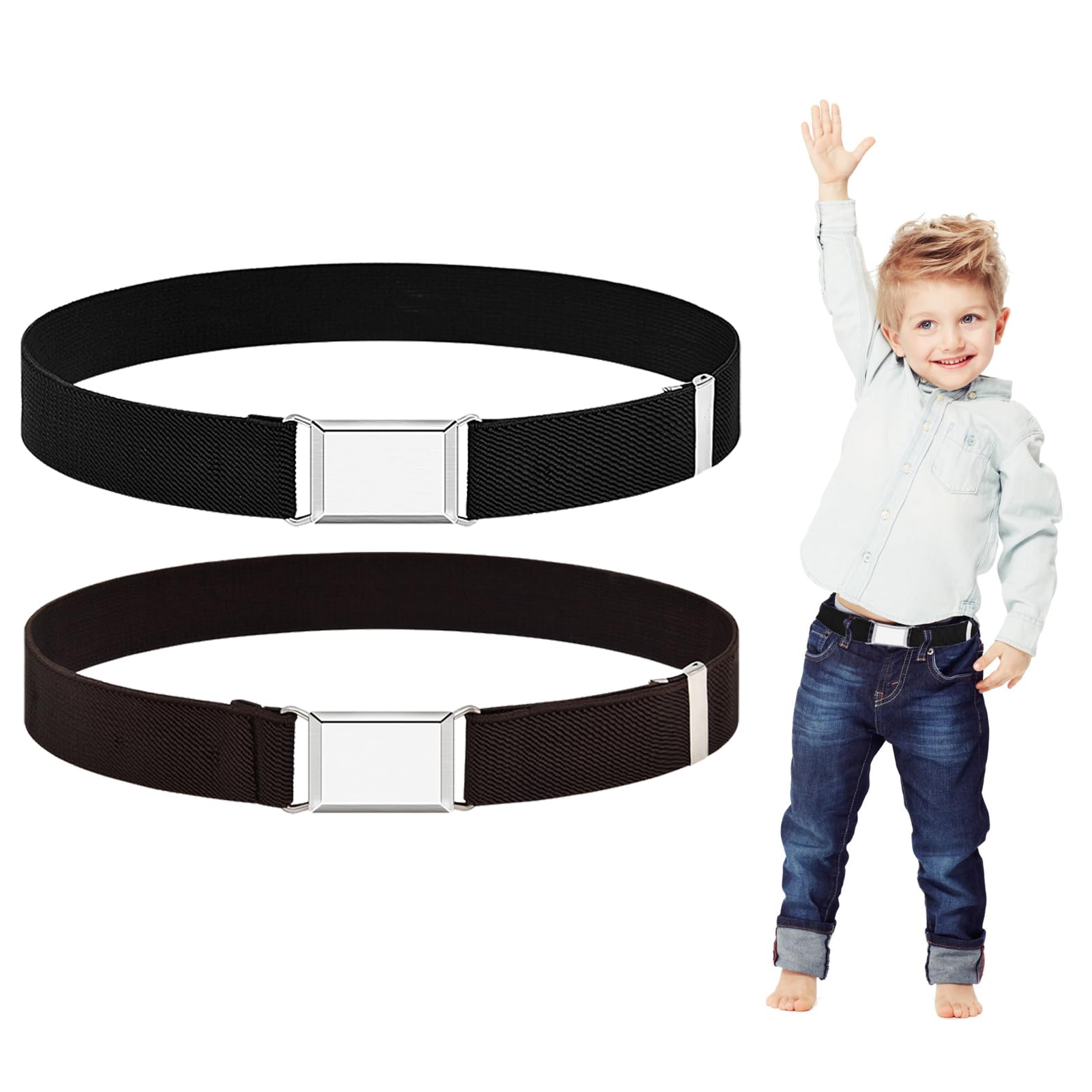 ripefun2 Pcs Kids Belt Elastic Stretch Adjustable Belt with Easy Silver Square Buckle for Boys Girls Teens, Magnetic Toddler Elastic Belt for Children, Back to School Accessories(Black, Coffee)