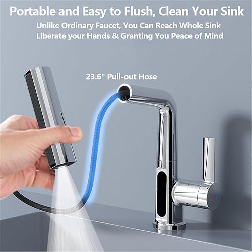 Miniatura 3 de Grifos de baño en cascada con rociador extraíble, moderno grifo de lavabo extraíble de una sola manija, grifo mezclador de lavabo de altura