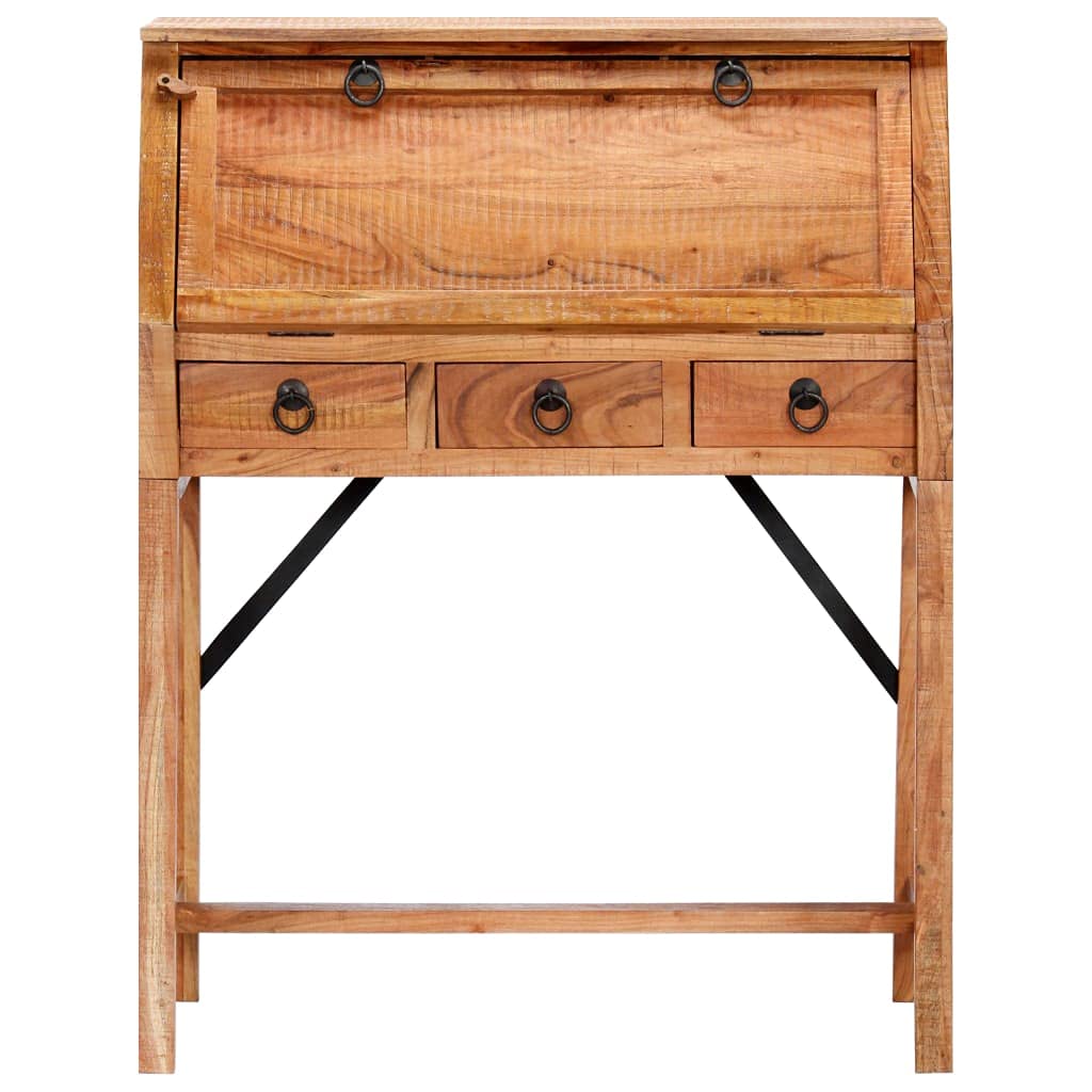 Scrivania in legno massiccio di acacia, 90 x 40 x 107 cm, con cassetti, piano di scrittura pieghevole, libreria, segretario per casa, ufficio, studio, soggiorno, camera degli ospiti